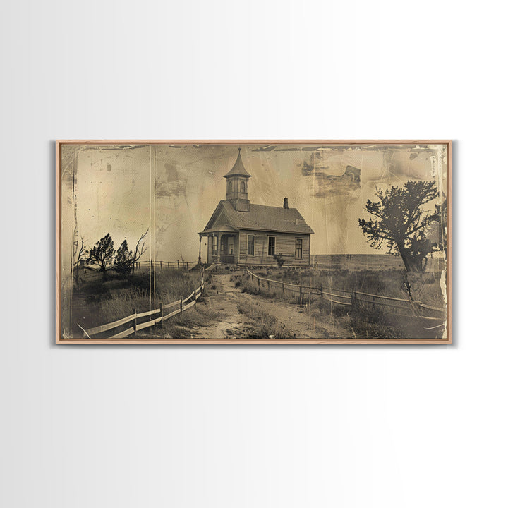 Old Country Church with Fenced Path, Framed Canvas Print for Living Room Decor, Perfect Bedroom Wall Art, Vintage Western Scene