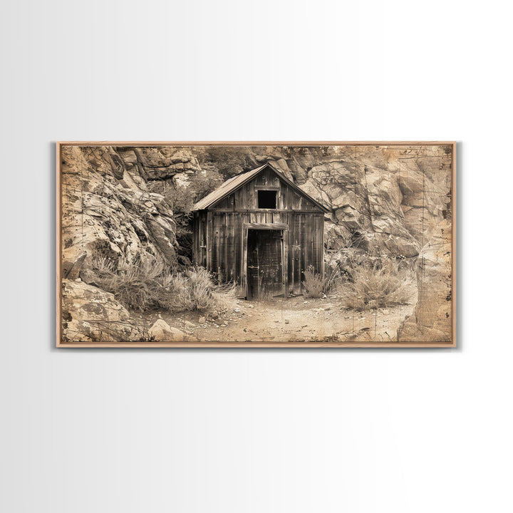 Old Wooden Shack in Rocky Terrain, Farmhouse Style Framed Canvas Print for Bedroom Art, Historical Home Decoration, Rustic Wall Art Piece