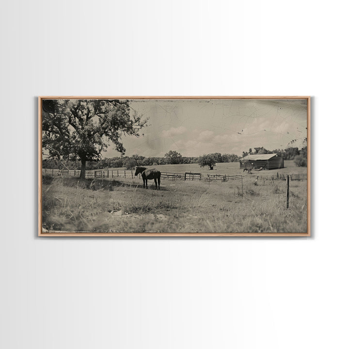 Horse Grazing in Pasture by Farmhouse, Antique Style Framed Canvas Print Country Living Room Decor, Rustic Farmhouse Wall Art, Nature Scene