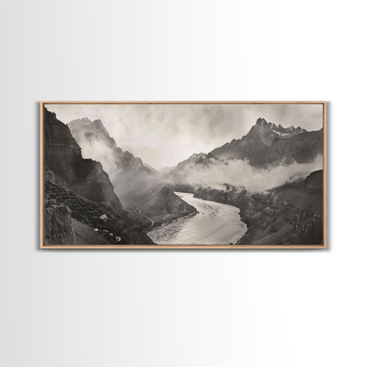 River Flowing through Mountain Valley, Black and White Framed Canvas Print for Farmhouse Bedroom Wall Art, Home Decoration, Scenic Nature