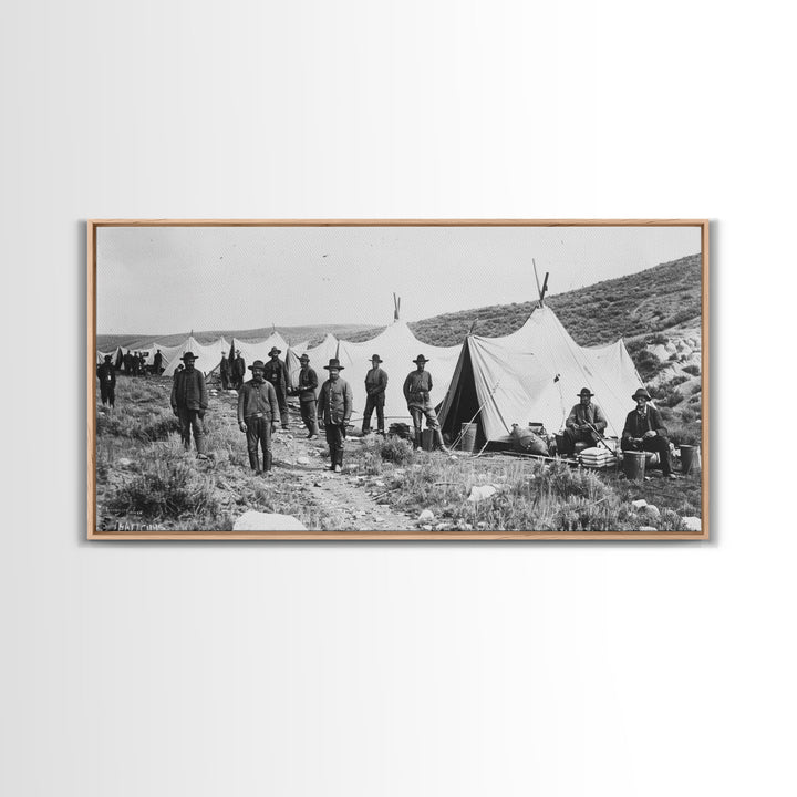 Military Camp with Tents and Soldiers, Farmhouse Style Framed Canvas Print for Historical Home Decor, Living Room Wall Art, Vintage Scene