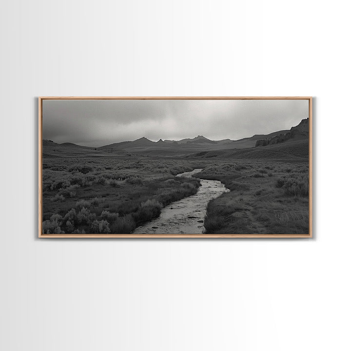 River and Rolling Hills Under Cloudy Sky, Black and White Framed Canvas Print Rustic Farmhouse Living Room Decor, Landscape Art, Home Decor