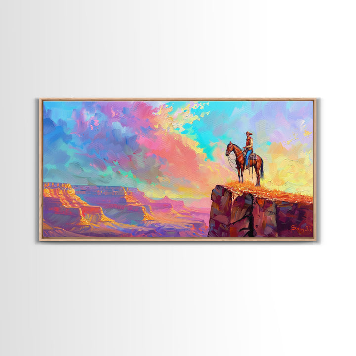 Cowboy on Horse with Colorful Sunset Sky, Farmhouse Style Framed Canvas Print for Living Room Wall Art, Vibrant Home Decor, Western Art