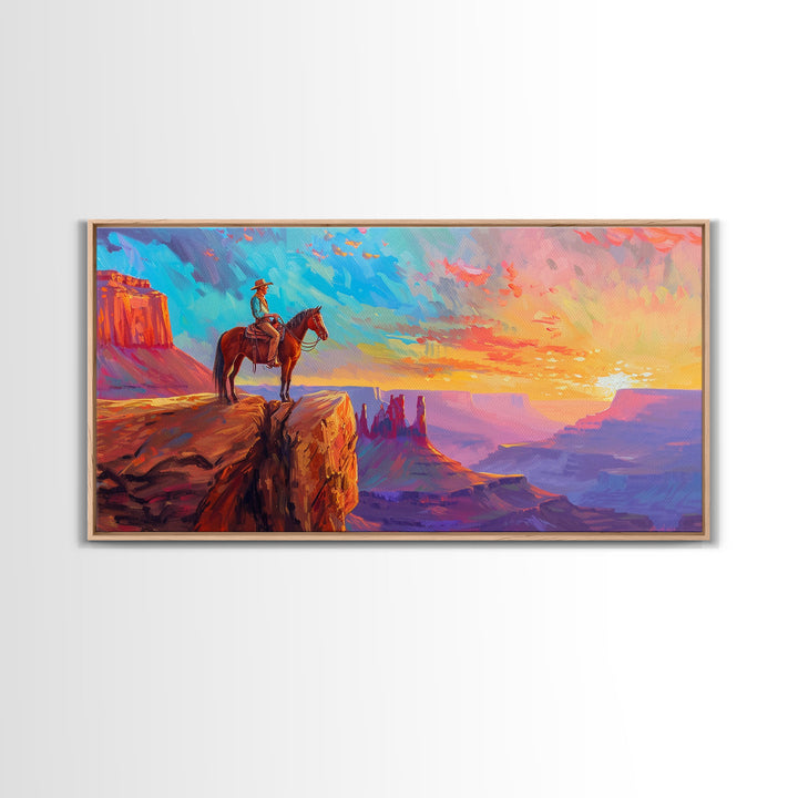 Cowboy and Horse with Canyon View, Farmhouse Style Framed Canvas Print for Bedroom Wall Art, Vibrant Home Decor, Western Scenic Art