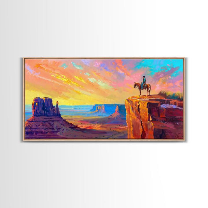 Cowboy with Horse on Cliff Edge, Farmhouse Style Framed Canvas Print for Living Room Wall Art, Vibrant Home Decor, Western Scenic Art