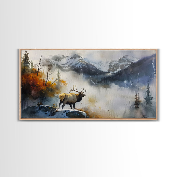 Majestic Elk in Misty Mountains, Framed Canvas Print, Perfect for Living Room Art, Rustic Bedroom Decor, Nature Wall Art, Wildlife Scene