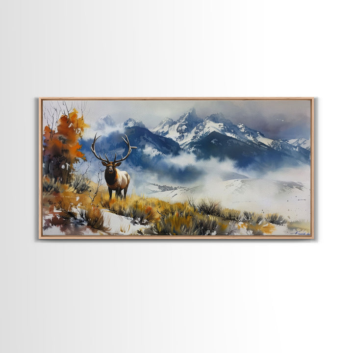 Majestic Elk in Mountain Landscape with Fall Foliage, Stunning Framed Canvas Print, Living Room Art, Rustic Bedroom Decor, Wall Art