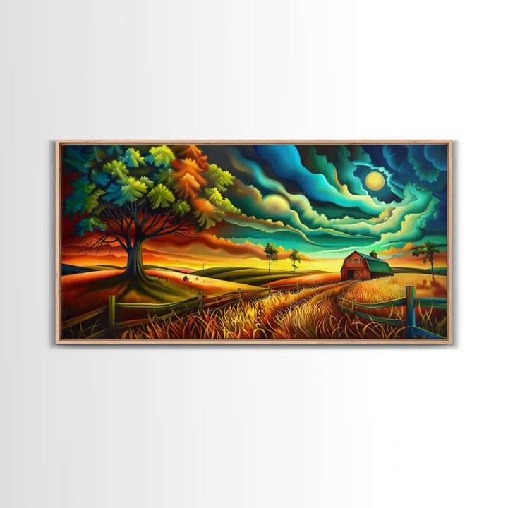 Vivid Abstract Farm Landscape with Dramatic Sky, Perfect Wall Art, Framed Canvas Print for Living Room or Bedroom Decor, Colorful Nature Art