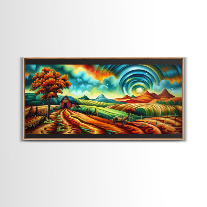 Colorful Abstract Farm Landscape with Rolling Hills, Perfect Wall Art, Framed Canvas Print Living Room or Bedroom Decor, Vibrant Nature Art