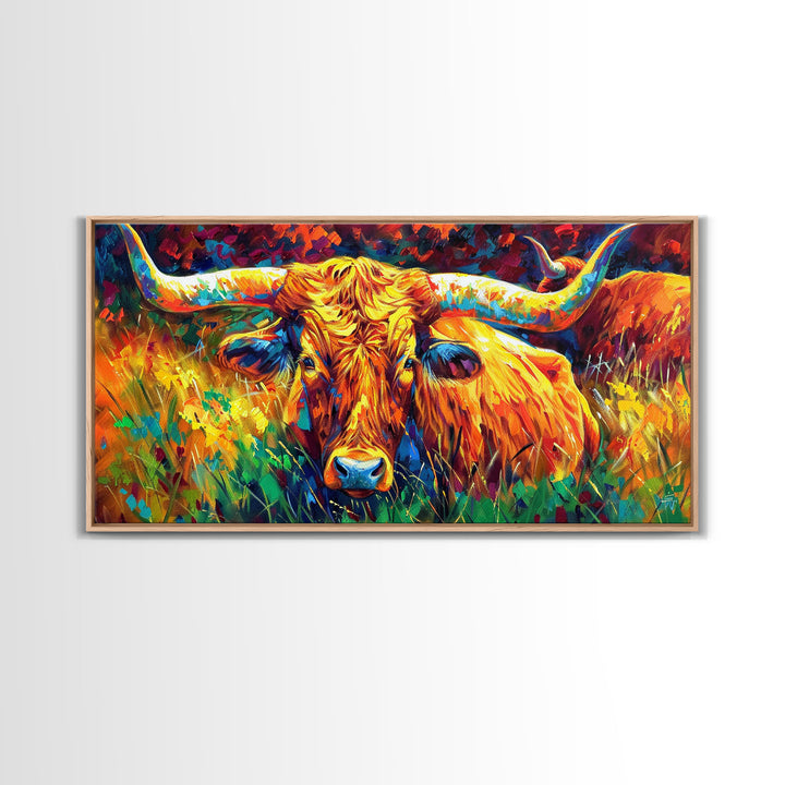 Herd of Cattle in Bright Colors, Ideal for Living Room Art, Framed Canvas Print, Bedroom Decor, Home Decoration, Contemporary Farmhouse Art