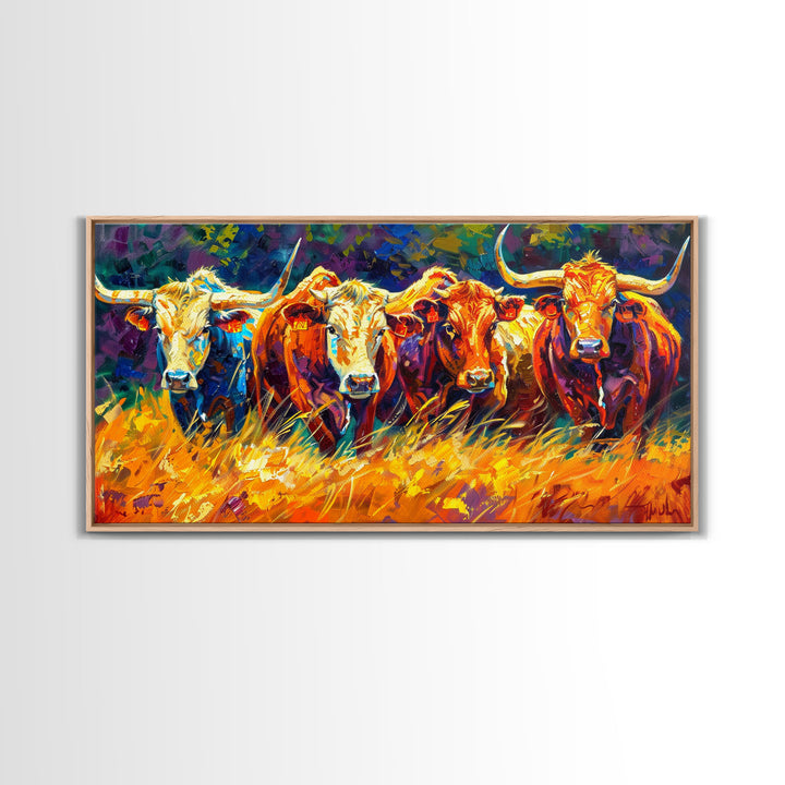 Bold and Colorful Bull Portrait, Perfect for Living Room Art, Framed Canvas Print, Bedroom Decor, Home Decoration, Vibrant Animal Art