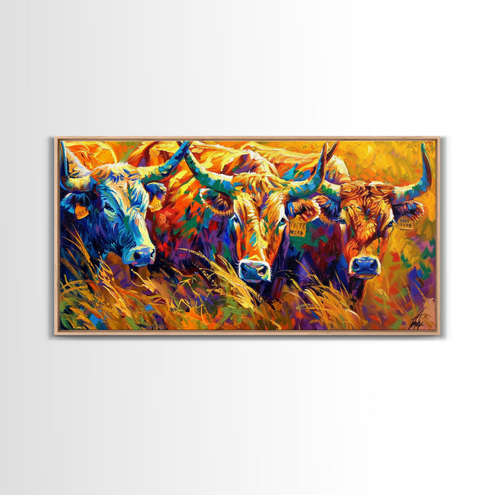 Expressive Cattle in Bright Colors, Ideal for Living Room Art, Framed Canvas Print, Bedroom Decor, Home Decoration, Unique Farmhouse Decor