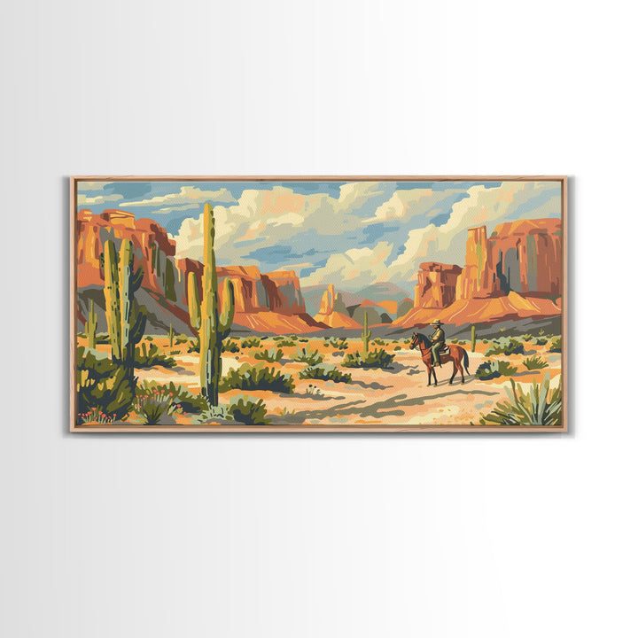 Lone Cowboy in Desert Landscape, Framed Canvas Print, Perfect for Rustic Living Room Art, Western Wall Art, Home and Bedroom Decor