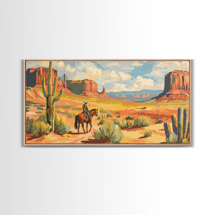 Cowboy in Desert Valley, Framed Canvas Print for Rustic Living Room Decor, Western Art for Home and Bedroom Decoration