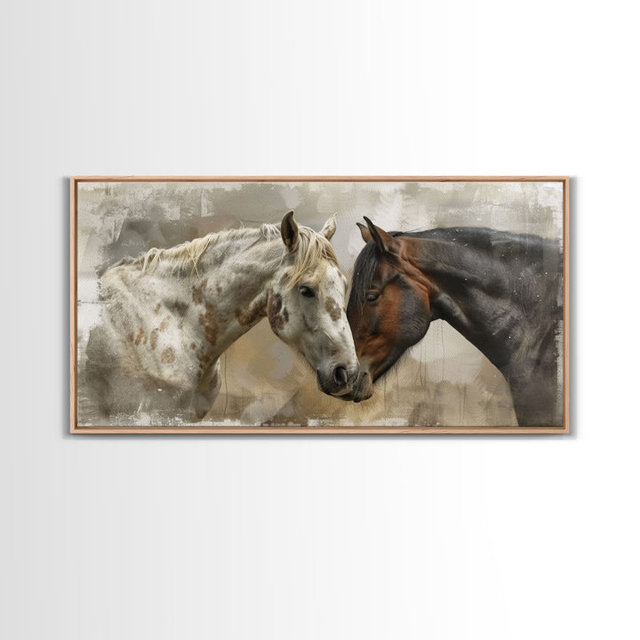 Horse Pair in Artistic Setting, Framed Canvas Print for Elegant Living Room Decor, Equine Art for Home and Bedroom Decoration