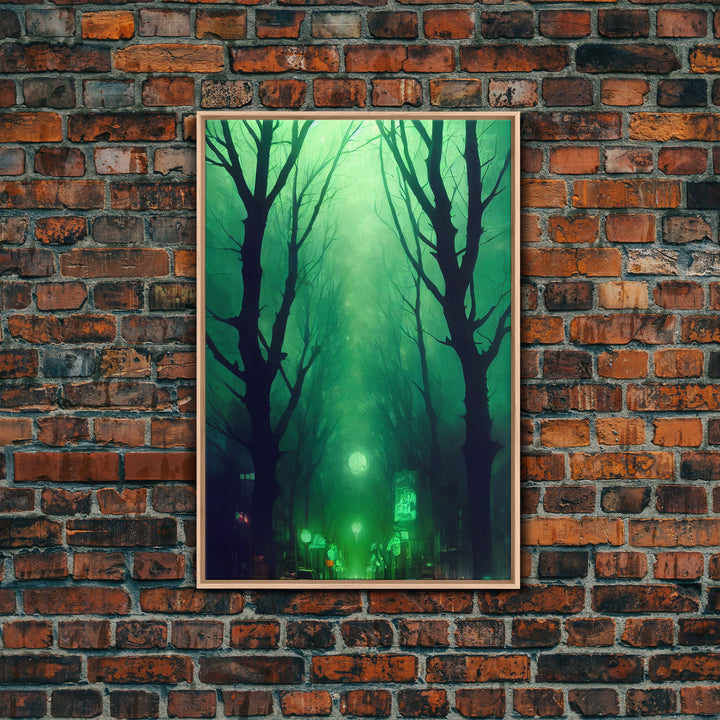 Emerald green city streets under a full moon, cool spooky art, framed canvas print
