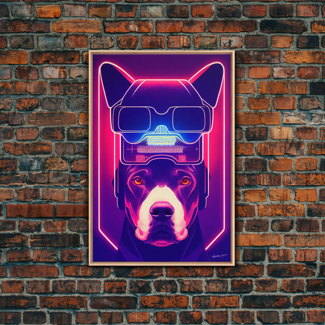 Cyberpunk Pitbull Portrait, Futuristic Dog Portrait, Framed Canvas Print, Ready To Hang Framed Wall Art, Living Room Wall Hanging