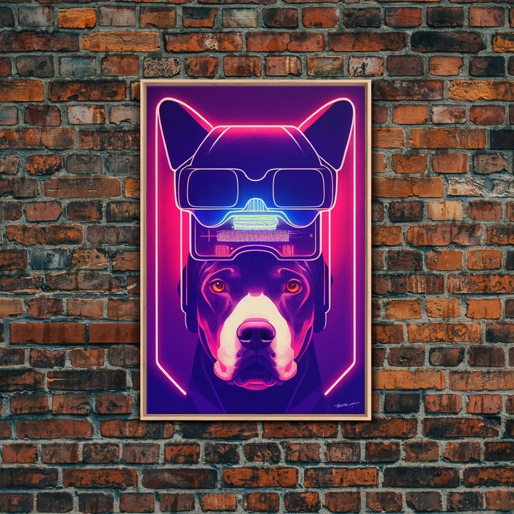 Cyberpunk Pitbull Portrait, Futuristic Dog Portrait, Framed Canvas Print, Ready To Hang Framed Wall Art, Living Room Wall Hanging