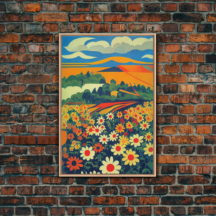 Surrealist field of daisy flowers, daisies, psychedelic art, Framed Canvas Print, Ready To Hang Framed Wall Art