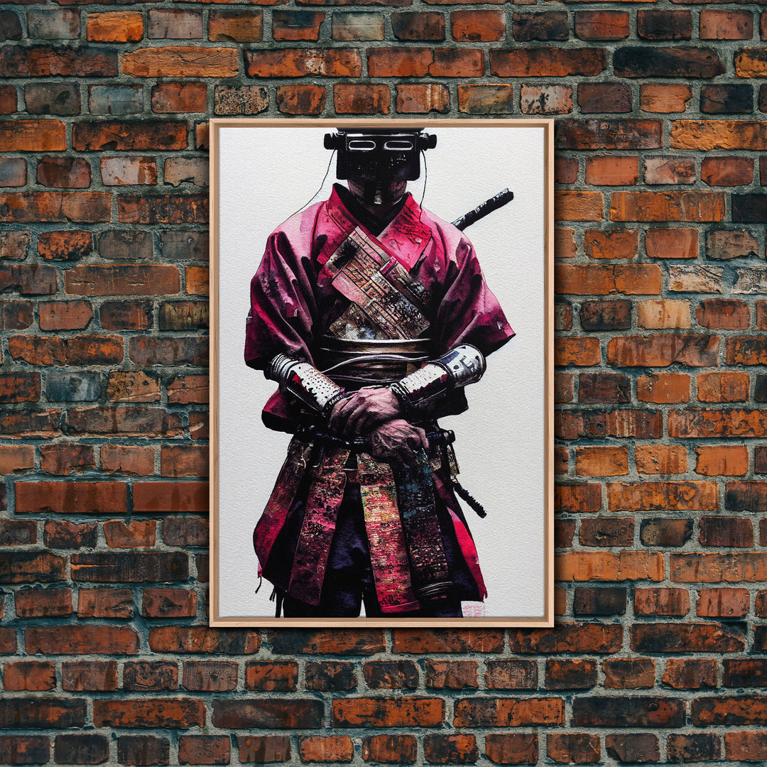 Portrait of a Cyberpunk Samurai with Cybernetic augments, Framed Canvas Print, Ready To Hang Framed Wall Art