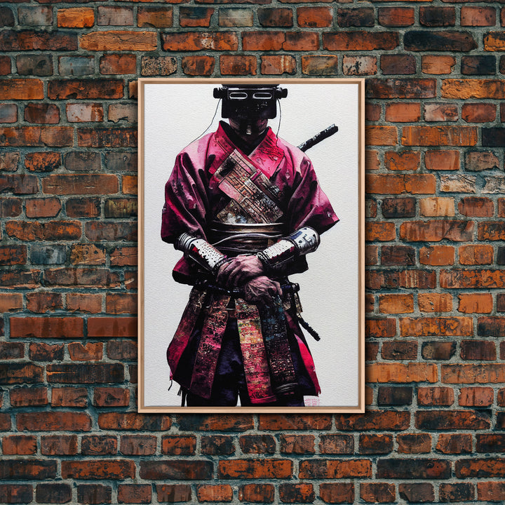 Portrait of a Cyberpunk Samurai with Cybernetic augments, Framed Canvas Print, Ready To Hang Framed Wall Art