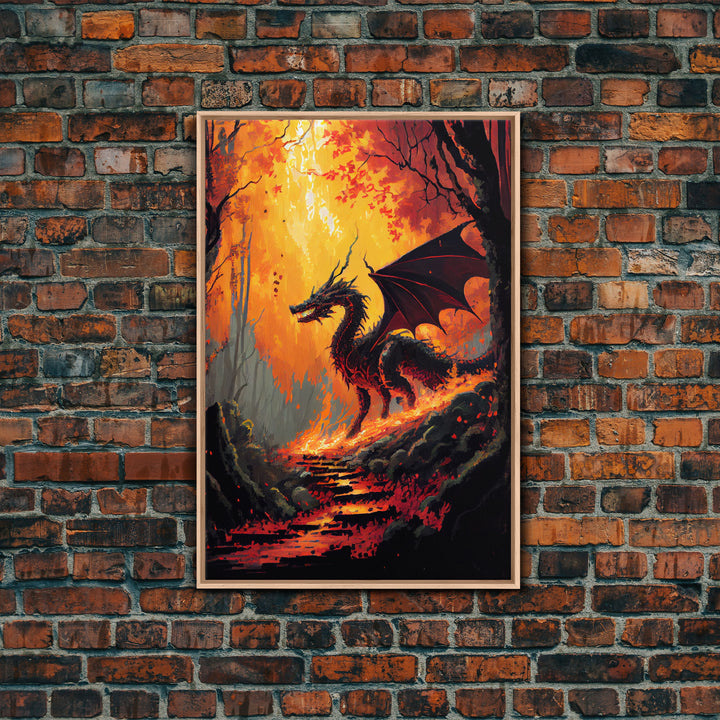 Fiery Dragon Burning Down Forest Canvas Print - Mystical Fantasy Wall Art Home Decor Artwork