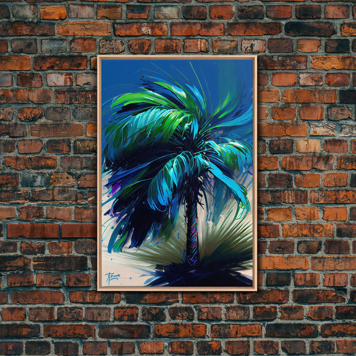 Vibrant Blue and Green Palm Tree Watercolor Canvas Print - Tropical Wall Art Home Decor Artwork