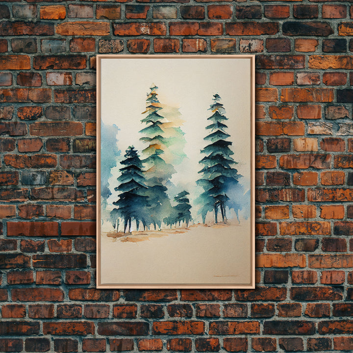 Mysterious Pine Tree Forest Watercolor Canvas Print - Nature Wall Art Home Decor Artwork, Framed Canvas Print