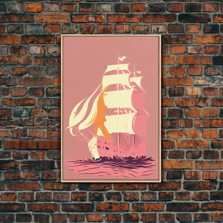 Pastel pirate ship, pink boat, vaporwave pirate ship, framed canvas print, framed wall art