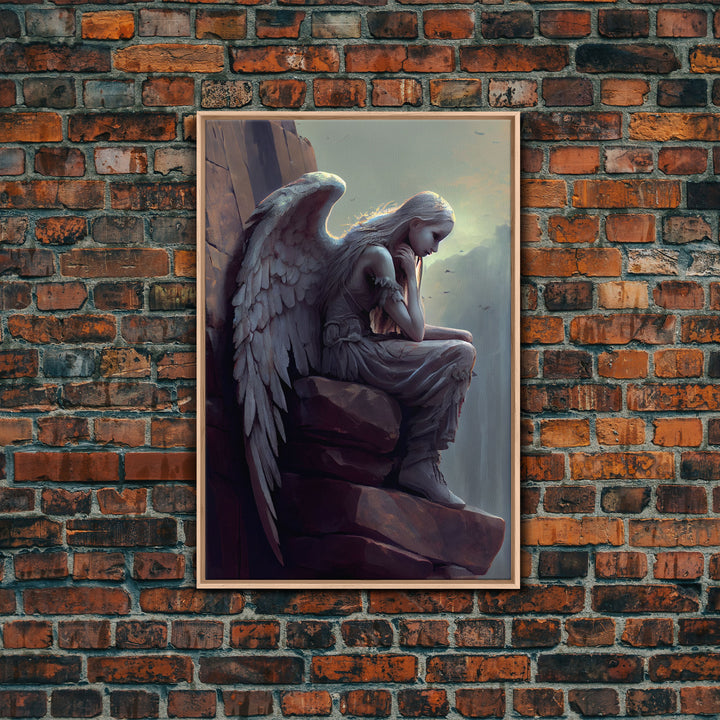 Sad angel sitting on a roof, angelic art, framed canvas print, canvas art, framed wall art