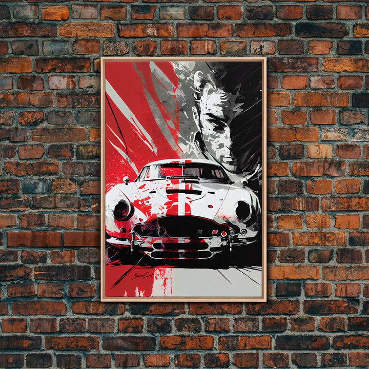 Vintage sports car graffiti art, framed canvas print, wall decor, mancave art