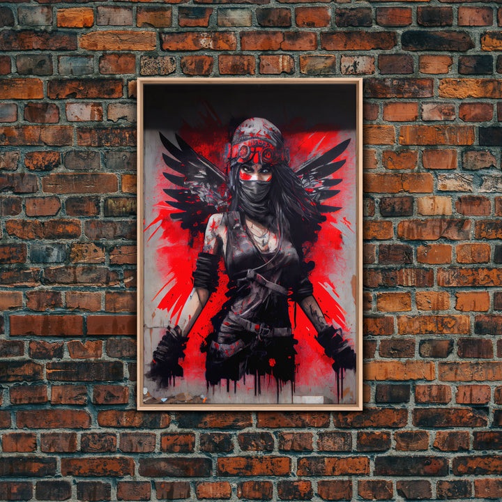 Graffiti angel art, framed canvas print, urban art