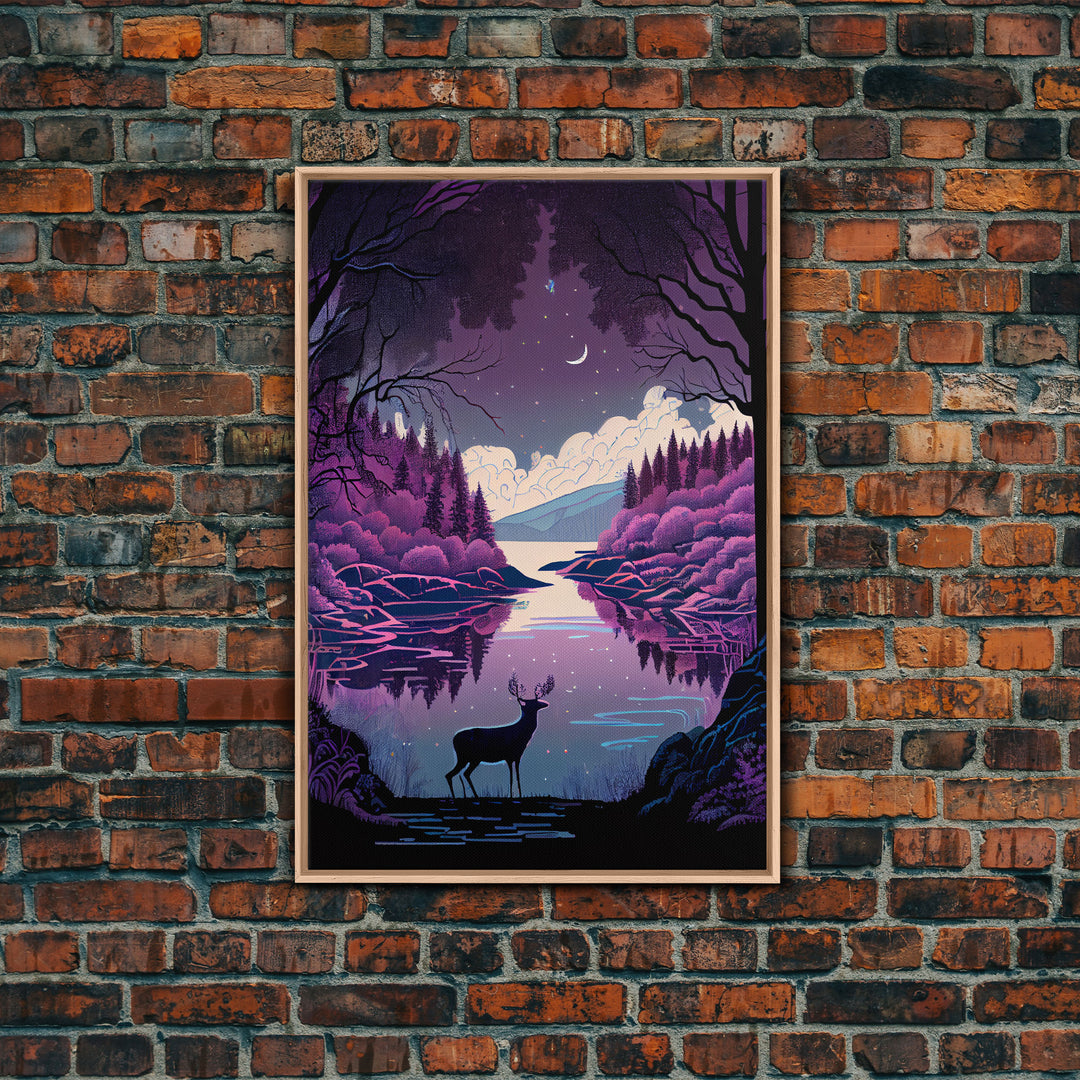Mystical Deer Purple Forest Lake Wall Art Canvas Print - Serene Nature Scene Vibrant Artwork