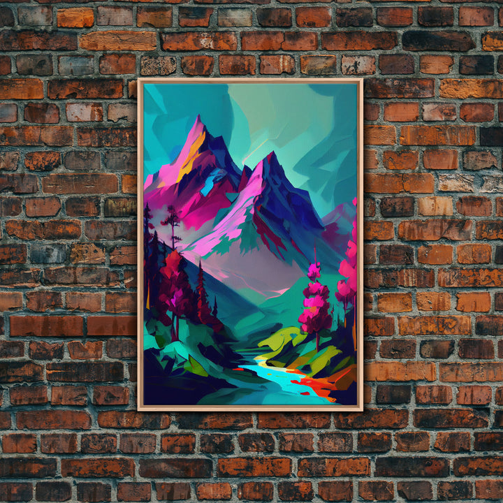 Vibrant Vaporwave Mountain Watercolor Wall Art Canvas Print - Colorful Nature Scene Artwork