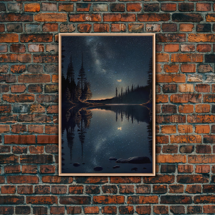 Reflections of a starry night sky over the lake, lakehouse art, beautiful framed canvas print