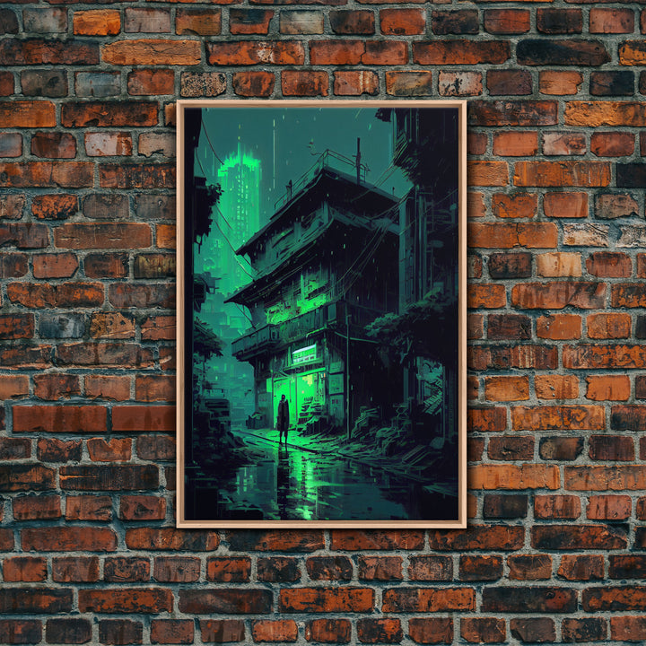 Cyberpunk Dystopian Emerald Green Town City Background Fine Art Print, Wall Decor, Wall Poster, Wall Art Print