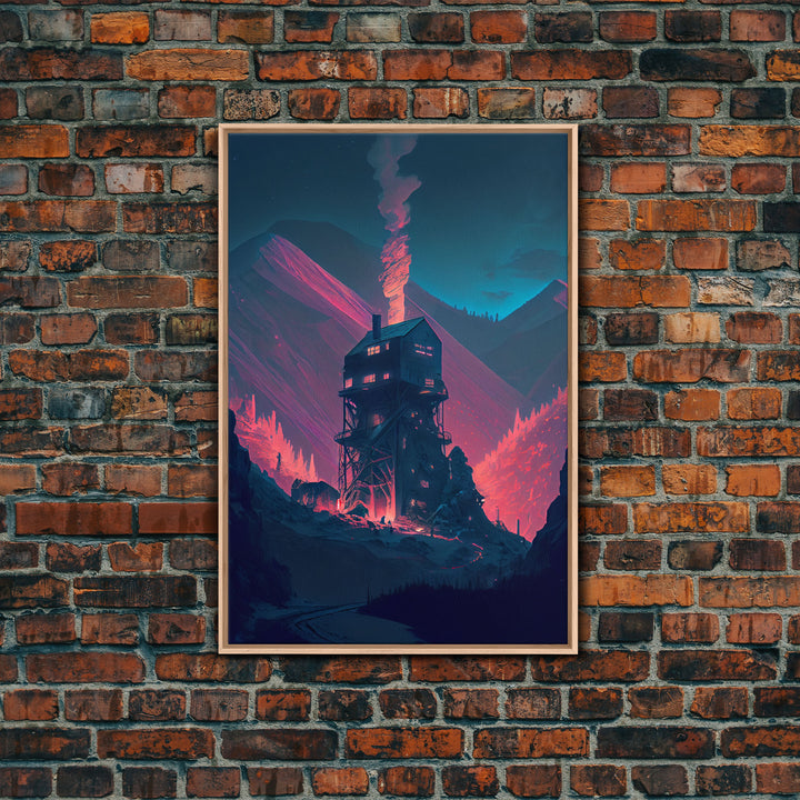 Fire-Watch, Watch Tower art, vaporwave aesthetic wall art, framed canvas print
