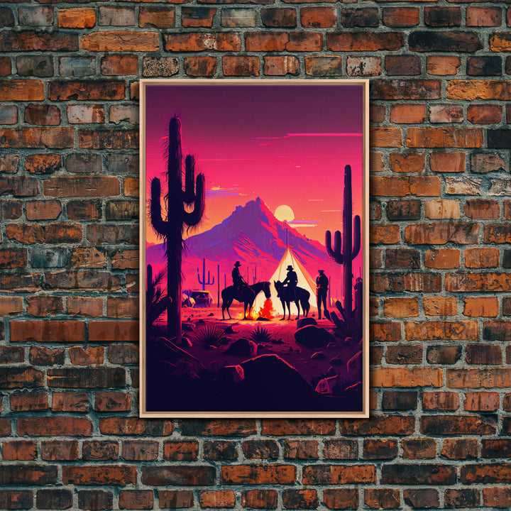 Wild West Outlaw decor, camping in the Arizona desert, Cactus art, framed canvas print