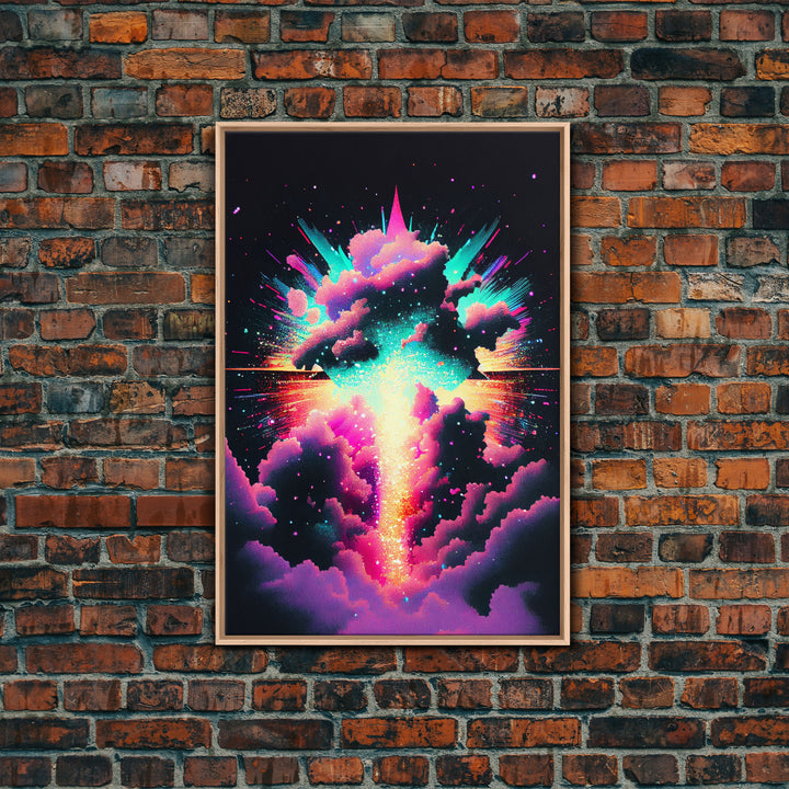 Color Pop Explosion, Vintage style art, framed canvas print, vaporwave aesthetic cloud art