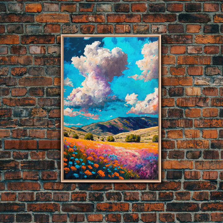 Watercolor Cloudy Day, Fields of Flowers, Framed Canvas Print, Colorful Wall Art, Minimalist Boho Style Wall Art
