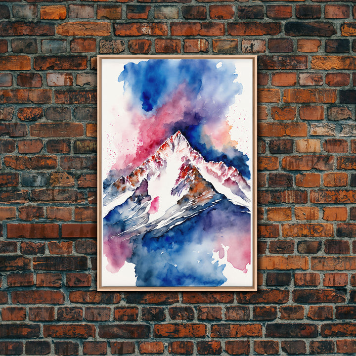 Red, White and Blue Mountain Landscape Watercolor, Framed Canvas Print, Colorful Unique Wall Art