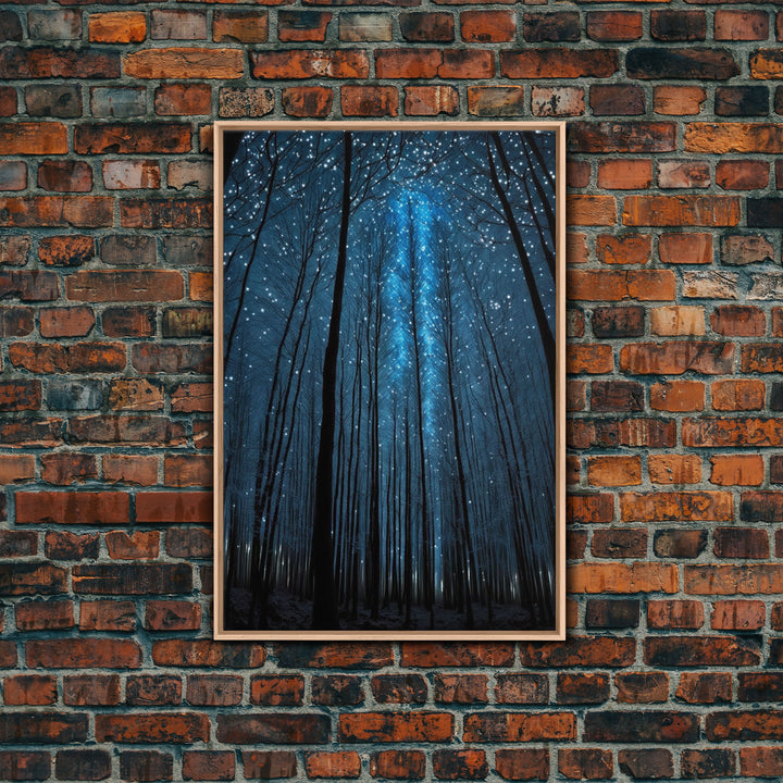 Birch Tree Forest At Night, Starry Night Sky, Framed Canvas Print, Boho Minimalist Farmhouse Decor, Primitive Art