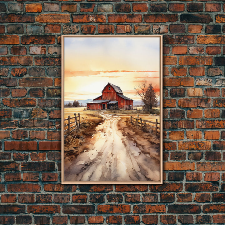 Sunset Over A Red Barn, Watercolor Painting Canvas Print, Country Poster Art,  Framed Canvas, Country Roads, Rustic Farmhouse Decor
