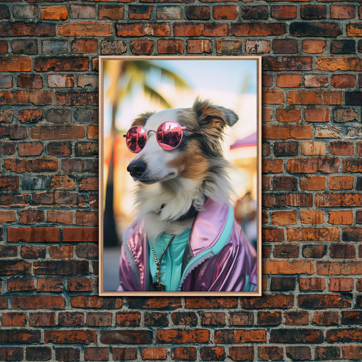Border Collie Wall Print, Dog Wall Art, Dog With Shades, Pink Hoodie, Funny Art, Framed Wall Art, Framed Canvas, Wall Print, Wall Canvas