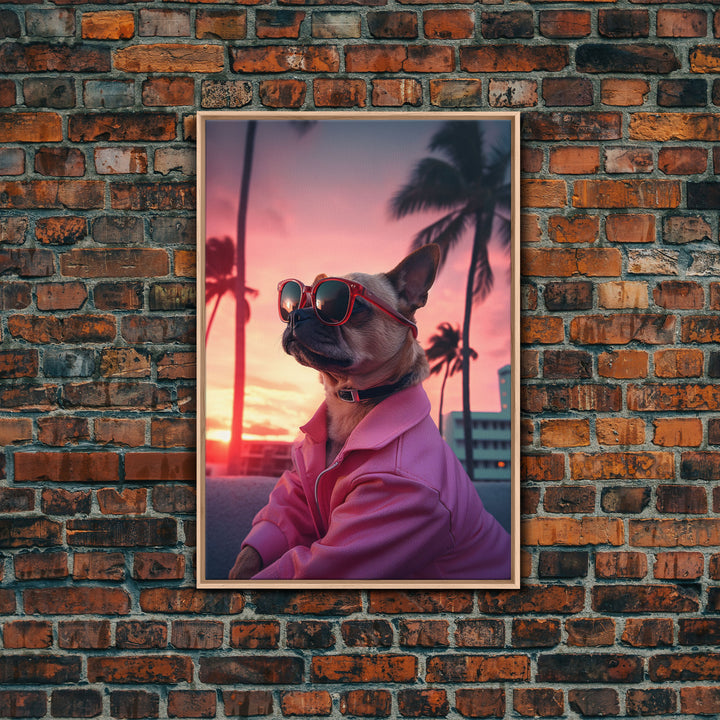 Pug Wall Print, Dog Wall Art, Dog Sunglasses, Dog In Pink Jacket, Funny Art, Framed Wall Art, Framed Canvas, Wall Print, Wall Canvas