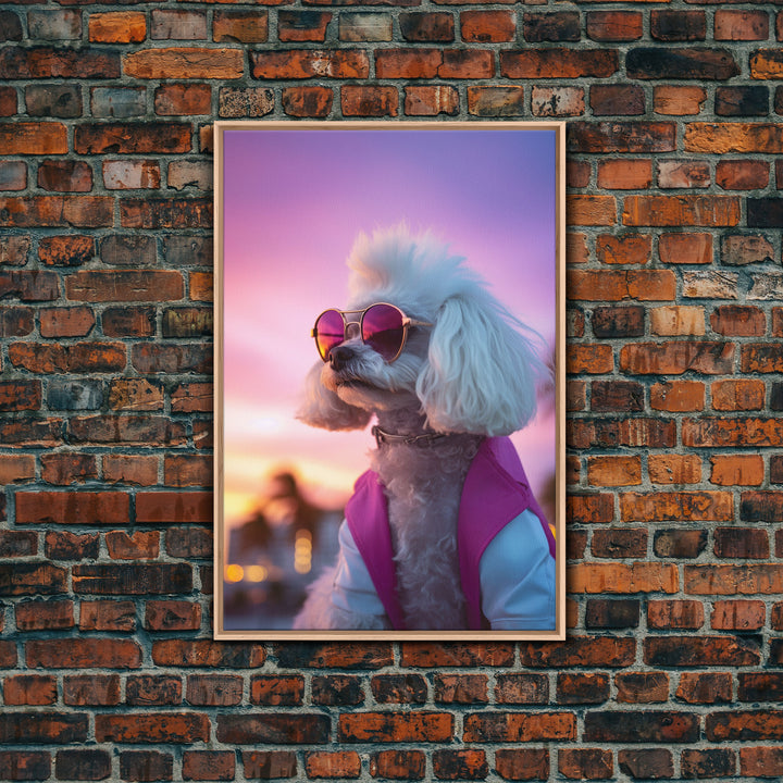 Poodle Wall Print, Dog Wall Art, Dog Sunglasses, Dog In Pink White Suit, Funny Art, Framed Wall Art, Framed Canvas, Wall Print, Wall Canvas