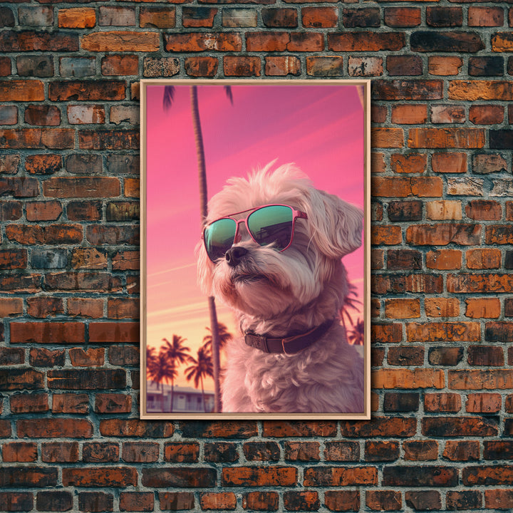 Shih Tzu Wall Print, Dog Wall Art, Dog Sunglasses, Palm Trees, Sunset, Funny Art, Framed Wall Art, Framed Canvas, Wall Print, Wall Canvas
