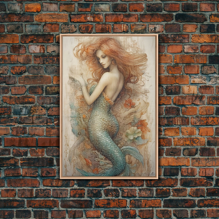 Fancy Mermaid Wall Art, 24" x 36" Canvas Print, French Style Poster Wall Art, Vintage Wall Hanging, Coastal Bathroom Decor