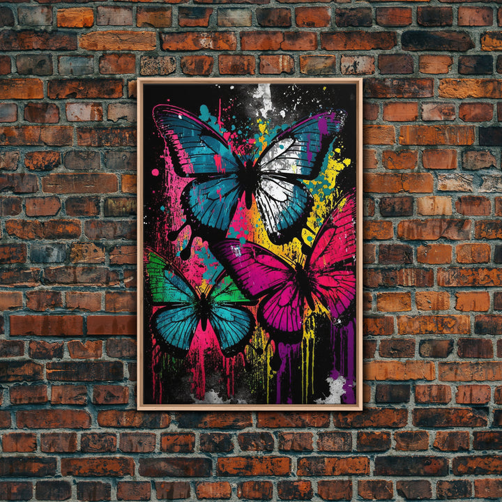 Graffiti Butterfly Art, Framed Canvas Print, Large Wall Art, Contemporary Punk Art, Butterflies, Pop Art, Paint Splatter Art