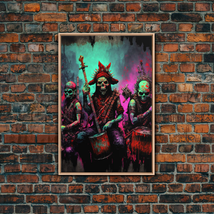 Death Metal Skeletons, Medieval Heavy Metal Undead Band Art, Framed Canvas Print, Unique Office Large Wall Art, Mancave Art